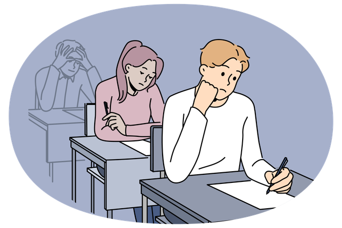 Alunos angustiados escrevem em prova na escola  Ilustração