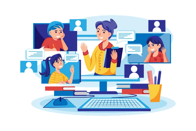 Alunos aprendendo e discutindo com o professor on-line  Ilustração