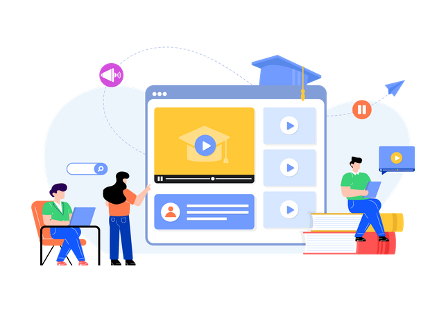 Alunos assistindo tutoriais em vídeo  Ilustração