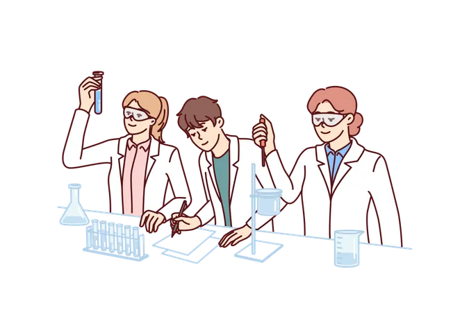 Alunos realizam experimentos em laboratório de química fazendo pesquisas científicas para exame  Ilustração