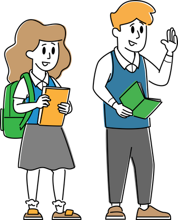 Alunos de crianças vestindo uniforme com mochilas e livros didáticos  Ilustração