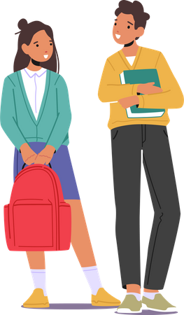 Alunos de crianças vestindo uniforme com mochilas e livros didáticos  Ilustração
