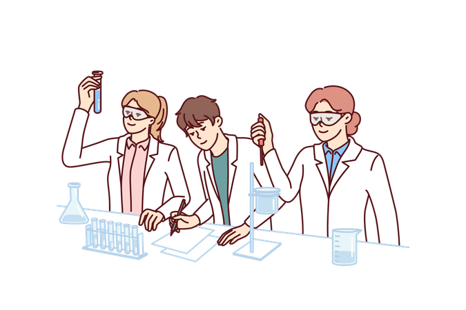 Os alunos estão conduzindo experimentos no laboratório de química  Ilustração