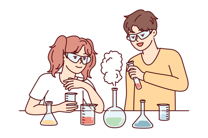 Alunos fazendo experimento químico em laboratório  Ilustração