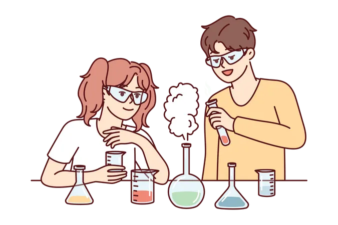 Alunos fazendo experimento químico em laboratório  Ilustração