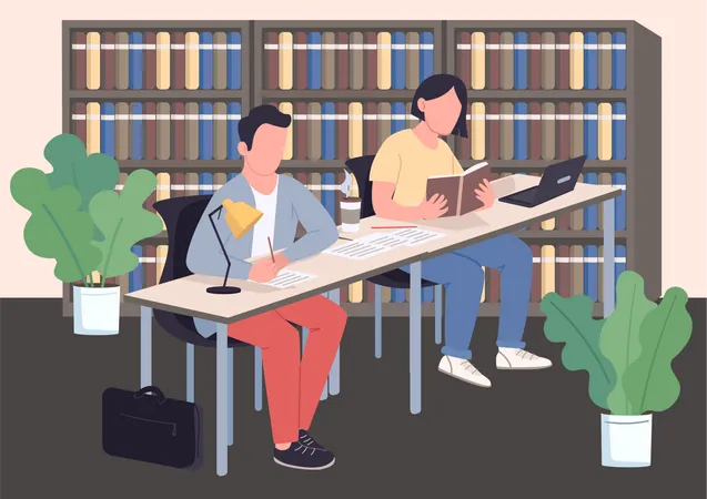 Alunos fazendo preparação para exames na biblioteca  Ilustração