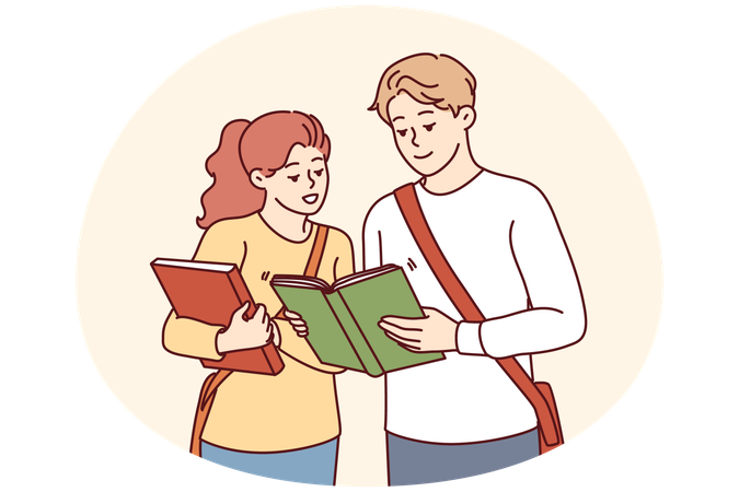 Alunos felizes com livros didáticos antes da aula  Ilustração