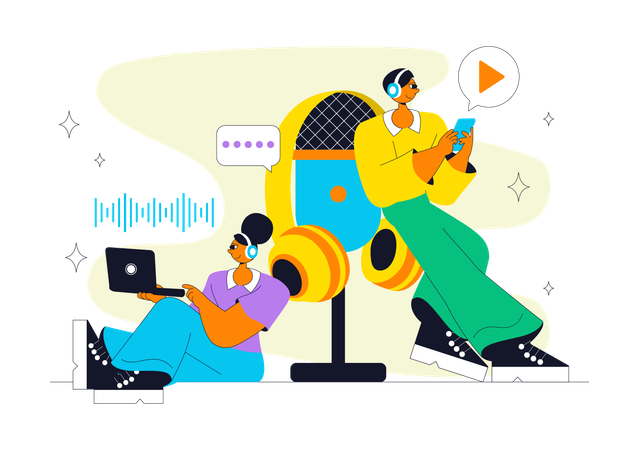 Alunos ouvem podcast educacional  Ilustração