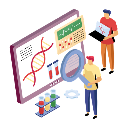 Alunos preparando relatório de análise de DNA  Ilustração