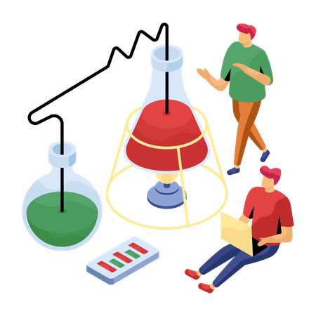 Alunos preparando relatório de laboratório de produtos químicos testados  Ilustração