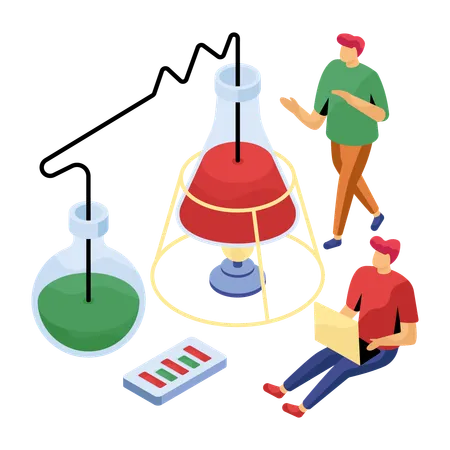 Alunos preparando relatório de laboratório de produtos químicos testados  Ilustração