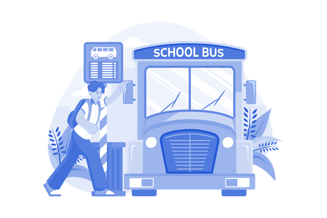 Os alunos vão para a escola de ônibus escolar  Ilustração