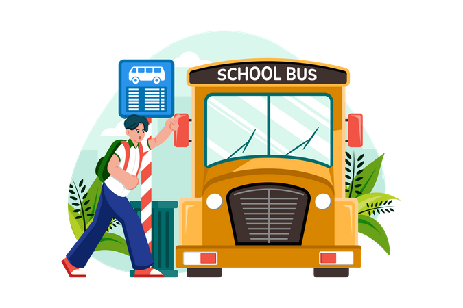 Os alunos vão para a escola de ônibus escolar  Ilustração