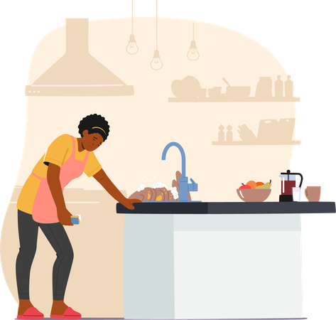 Ama de casa exhausta en una cocina desordenada, fatigada por las interminables tareas domésticas  Ilustración