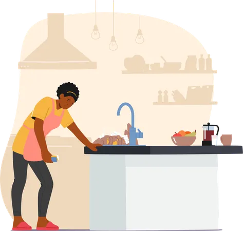 Ama de casa exhausta en una cocina desordenada, fatigada por las interminables tareas domésticas  Ilustración