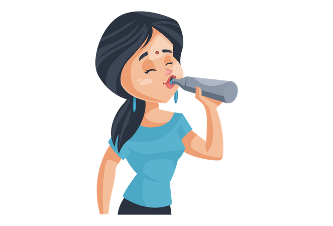 Esposa de casa india bebiendo agua de una botella  Ilustración