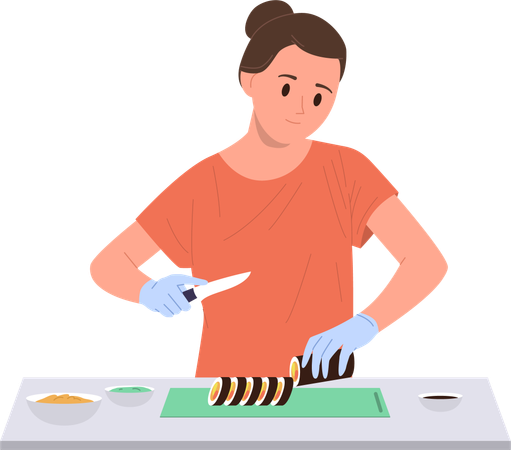 Ama de casa joven cocinando sushi, comida tradicional asiática  Ilustración