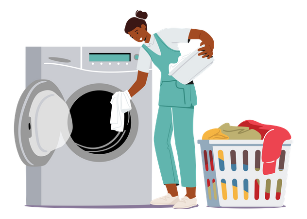 Ama de casa lavando ropa en la lavadora  Ilustración