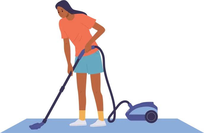 Mujer joven limpiando el piso de la casa con una aspiradora haciendo tareas domésticas  Ilustración