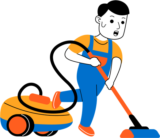 Ama de casa masculina limpiando el piso con aspiradora  Ilustración