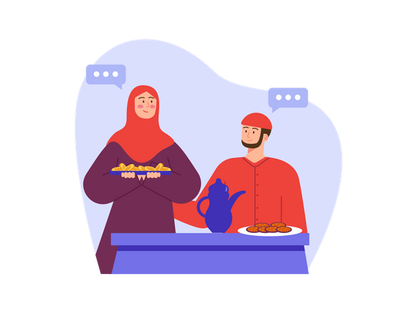 Ama de casa musulmana sirviendo comida a su marido  Ilustración