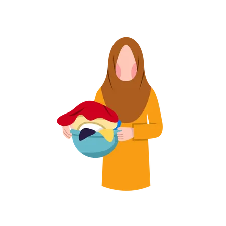 Ama de casa musulmana sosteniendo una cesta de lavandería  Ilustración