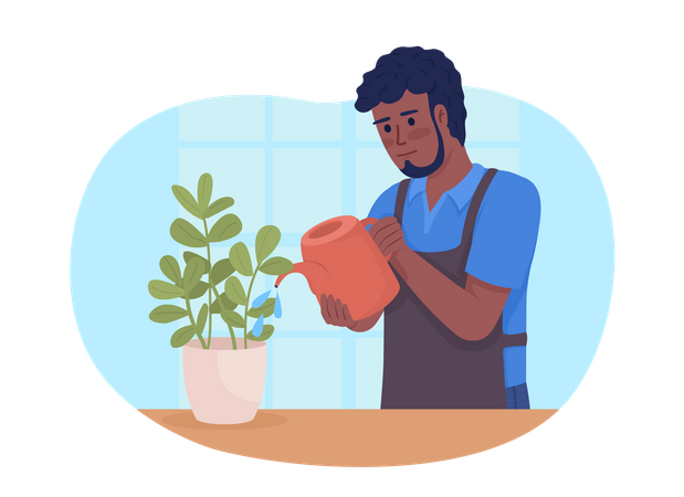 Ama de llaves cuidando las plantas de interior  Ilustración