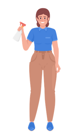 Ama de llaves femenina en uniforme sosteniendo una botella de spray  Ilustración