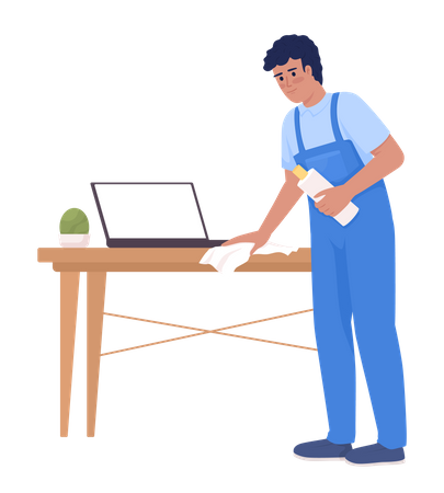 Ama de llaves masculina limpiando una mesa de madera con una computadora portátil  Ilustración