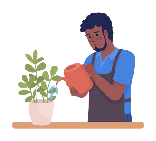 Ama de casa masculina regando plantas de interior regularmente  Ilustración