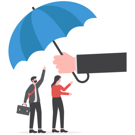 Amabilidad empresario ofrece gran paraguas para cubrir empleado  Ilustración