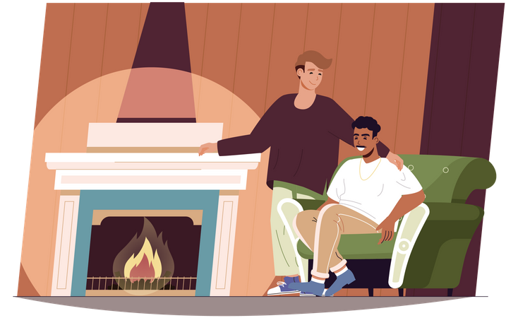 Homens amorosos sentados perto da lareira na sala de estar  Ilustração