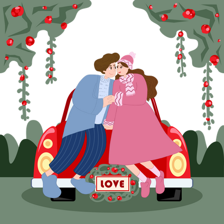 Amantes felizes sentados em cima do carro  Ilustração