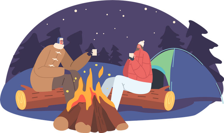 Homem e mulher amorosos relaxam no acampamento de inverno com barraca e fogueira  Ilustração