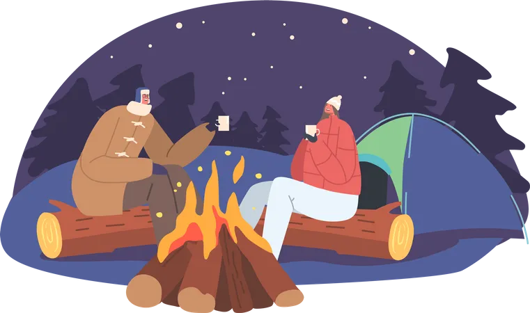 Homem e mulher amorosos relaxam no acampamento de inverno com barraca e fogueira  Ilustração