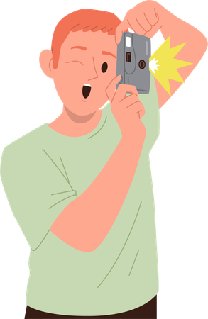 Amazed boy teenage child taking picture with digital camera  Illustration