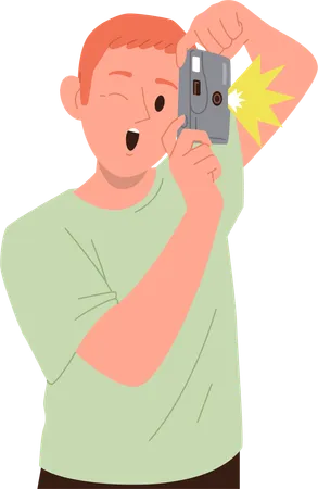 Amazed boy teenage child taking picture with digital camera  Illustration