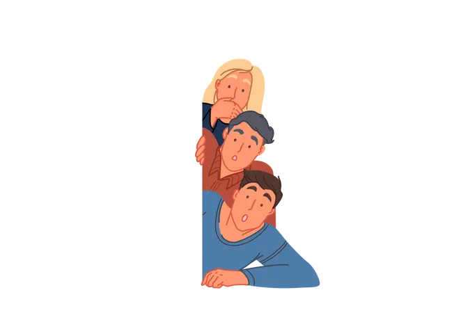 Surprising Discovery Peeking Concept Amazed Friends Spying And Hiding Behind Wall Young Woman And Men Looking Shocked Astonishment Facial Expression Human Curiosity Simple Flat Vector Illustration