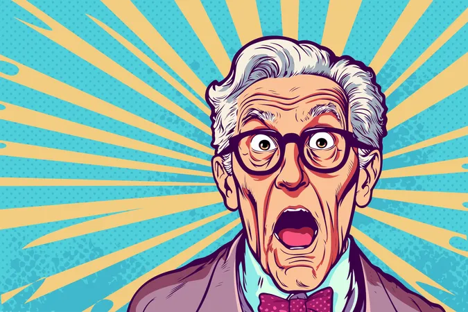 Amazed grandfather Old, gray-haired man looking with surprising Unbelievable news  Illustration