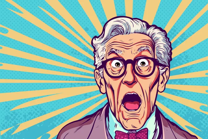 Amazed grandfather Old, gray-haired man looking with surprising Unbelievable news  Illustration