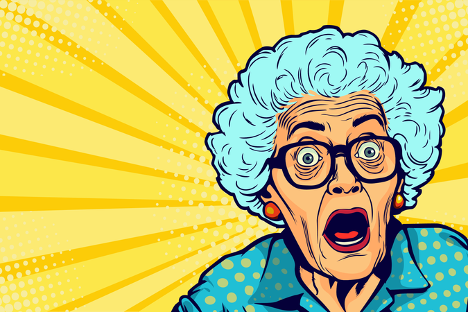 Amazed grandmother Old, gray-haired woman in glasses and looking with surprising Unbelievable news  Illustration