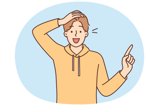 Amazed man points finger to side and opens mouth in surprise at profitable promotional offer  Illustration