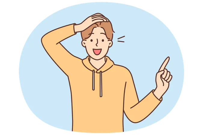 Amazed man points finger to side and opens mouth in surprise at profitable promotional offer  Illustration
