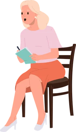 Amazed woman sitting on chair making notes in copybook  イラスト