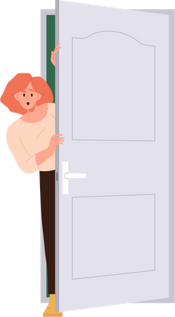 Amazed young woman surprised female character peeking out opened door Illustration