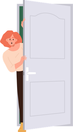 Amazed young woman surprised female character peeking out opened door  Illustration