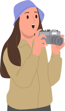 Amazed young woman tourist camera taking picture with digital camera  Illustration