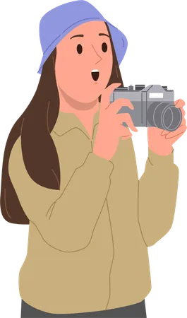 Amazed young woman tourist camera taking picture with digital camera  Illustration