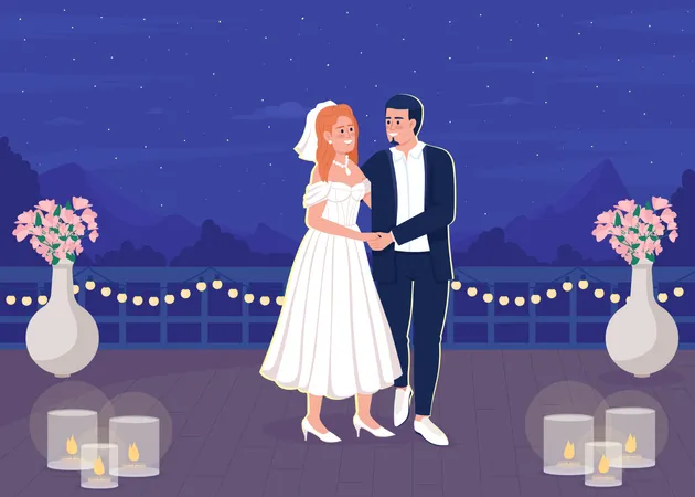 Ambiance intime et romantique sur le toit pour les jeunes mariés  Illustration