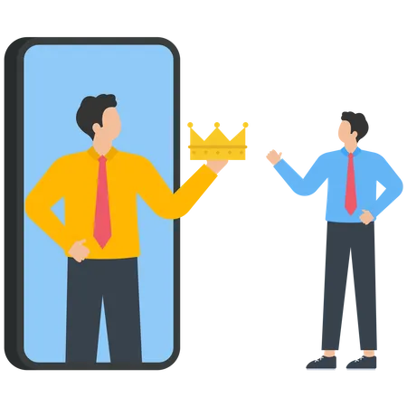 Empresário ambicioso no espelho coloca coroa em si mesmo  Ilustração